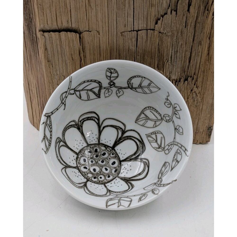 Pier 1 Imports Porcelain Bowl Black Floral Sketch Design 4.25" – Signed Annie